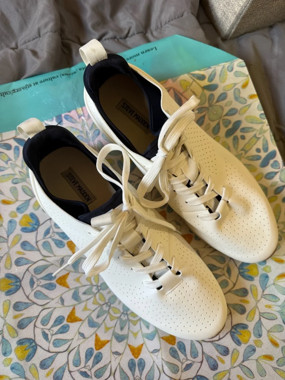 Steve Madden White Perforated Lace-Up Sneakers with Navy Lining